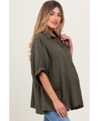 Maternity Olive Checker Print Short Sleeve Oversized Blouse