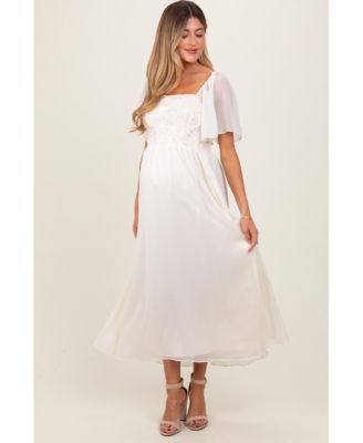 MaternityCream Floral Applique Flutter Sleeved Maternity Midi Dress