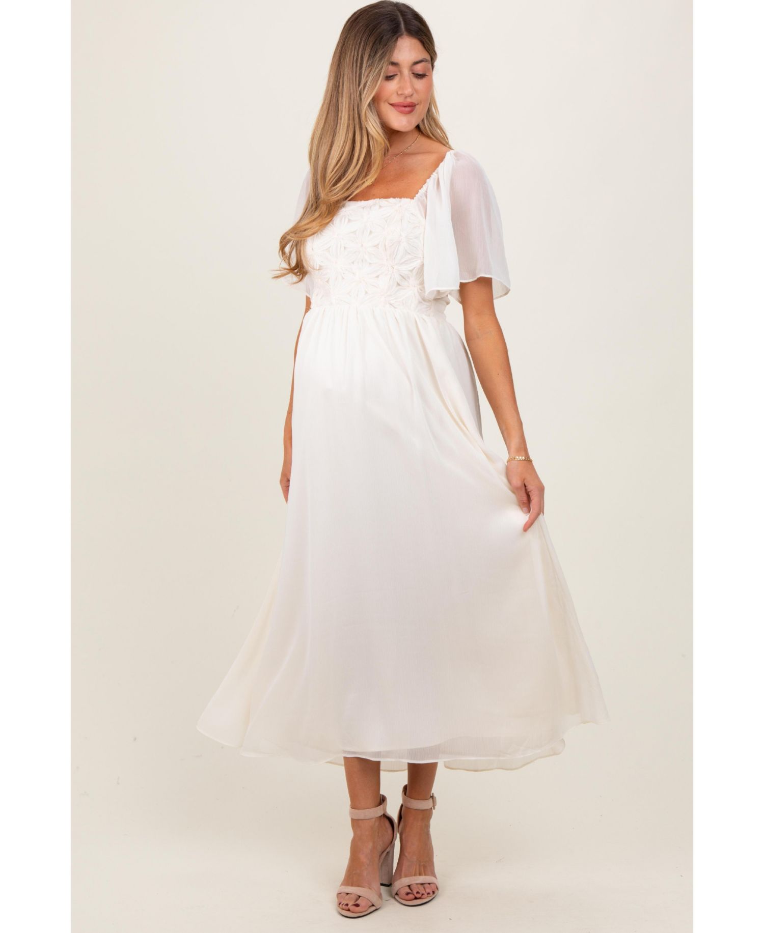 Women's Cream Floral Applique Flutter Sleeved Midi Dress