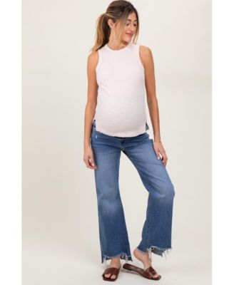Blue Distressed Fringe Hi-Lo Hem Cropped Flare Maternity Jeans