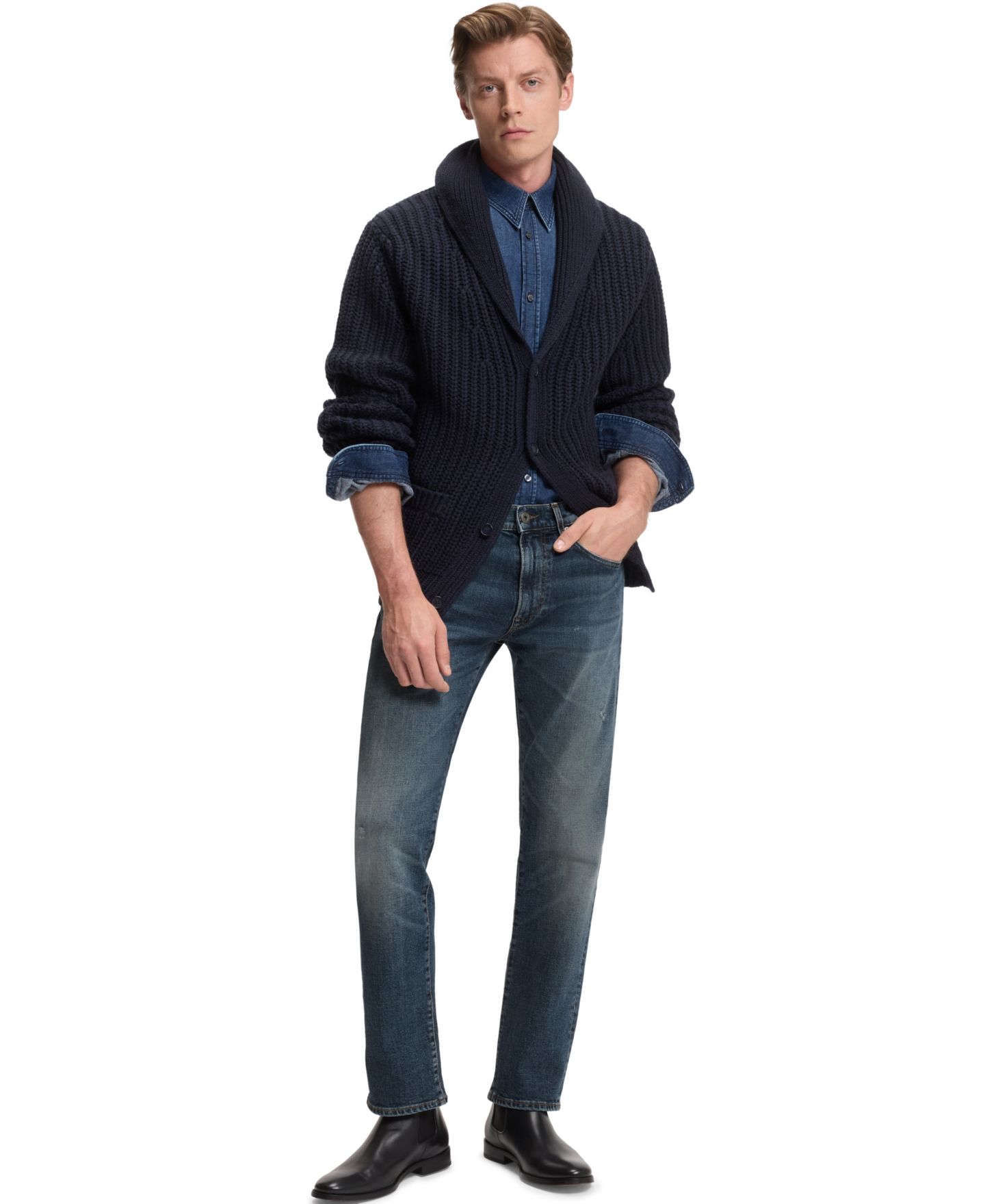 Мужские джинсы Hugo Boss Beckham x BOSS Blue Stretch Slim-Fit Denim Jeans, цвет: Тёмно-синий — фото 4