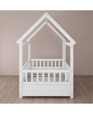 Kids Wooden House Floor Bed with Roof & Fence Guardrails Twin Size Low Profile Play Bed for Boys and Girls