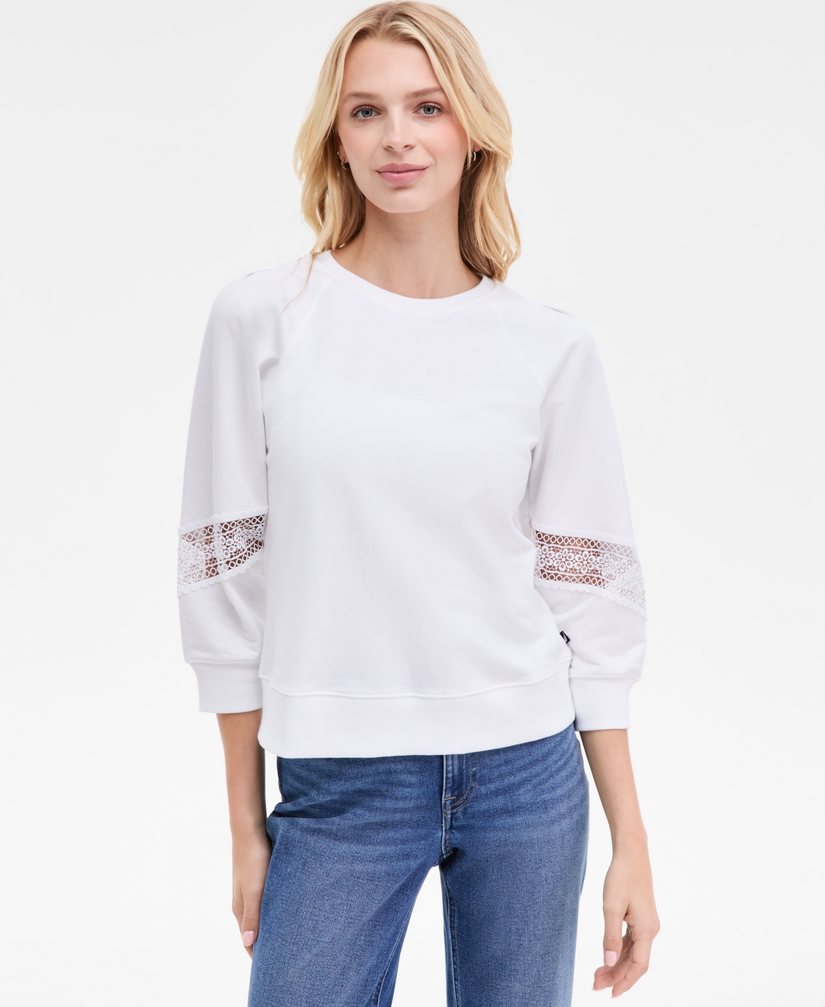 Nautica Jeans Women's Pleated Lace-trim 3/4-sleeve Sweatshirt In White
