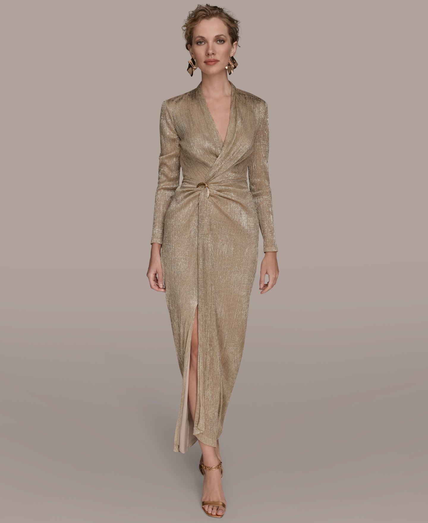 Женское платье Donna Karan New York V-Neck Draped Gown, цвет: Золотой — фото 1