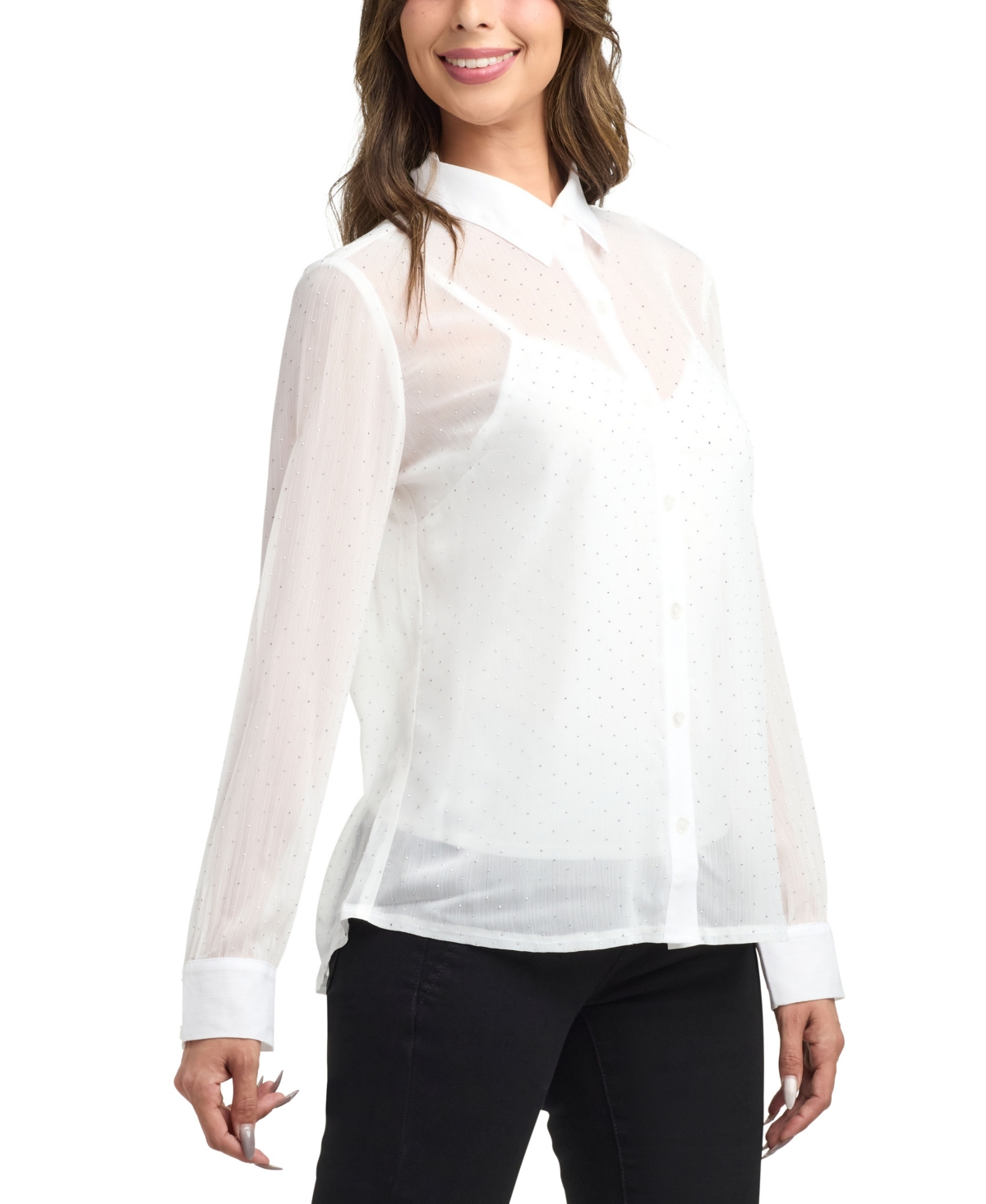 Bcx Women's Studded Chiffon Long Sleeves Shirt In White