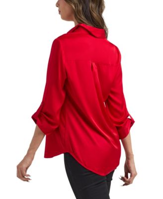 Women's Stretch Satin Button-Up 3/4-Sleeve Top