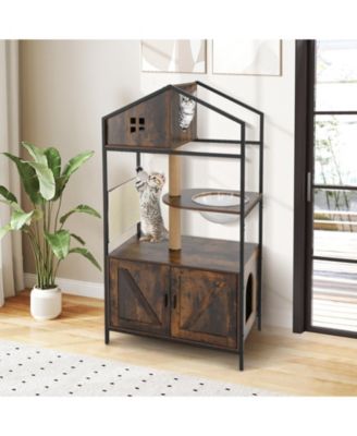 Cat Tree w/ Litter Box Enclosure w/ Hidden Washroom Scratching Posts & Pad