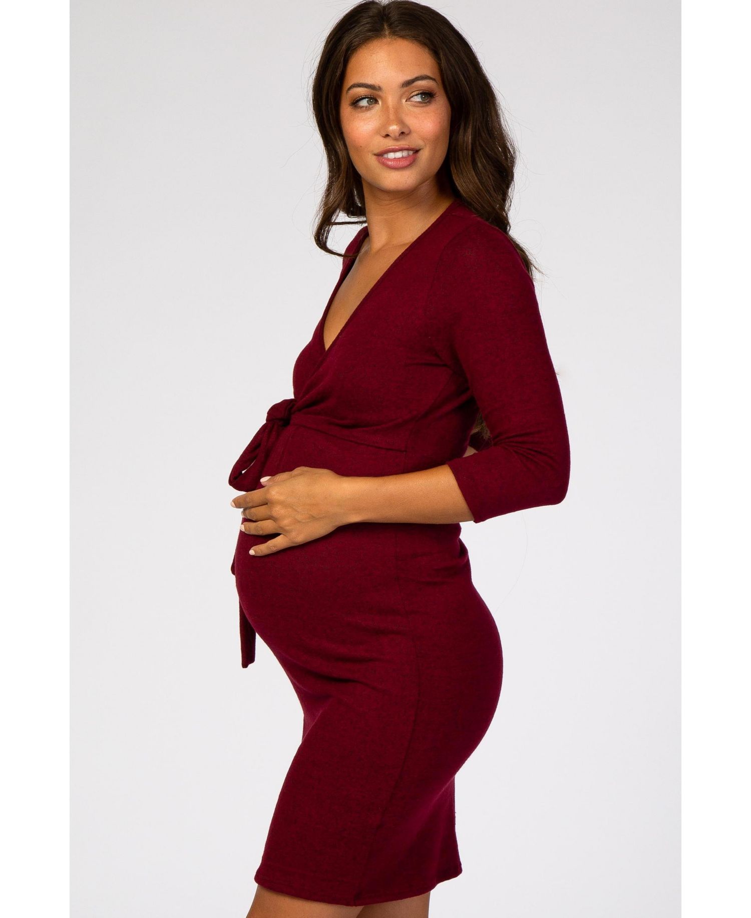 Women's Burgundy Brushed Knit Wrap Fitted Maternity/Nursing Dress