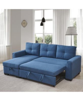 Tufted Sectional Chaise Sofa Sleeper with Storage in Blue