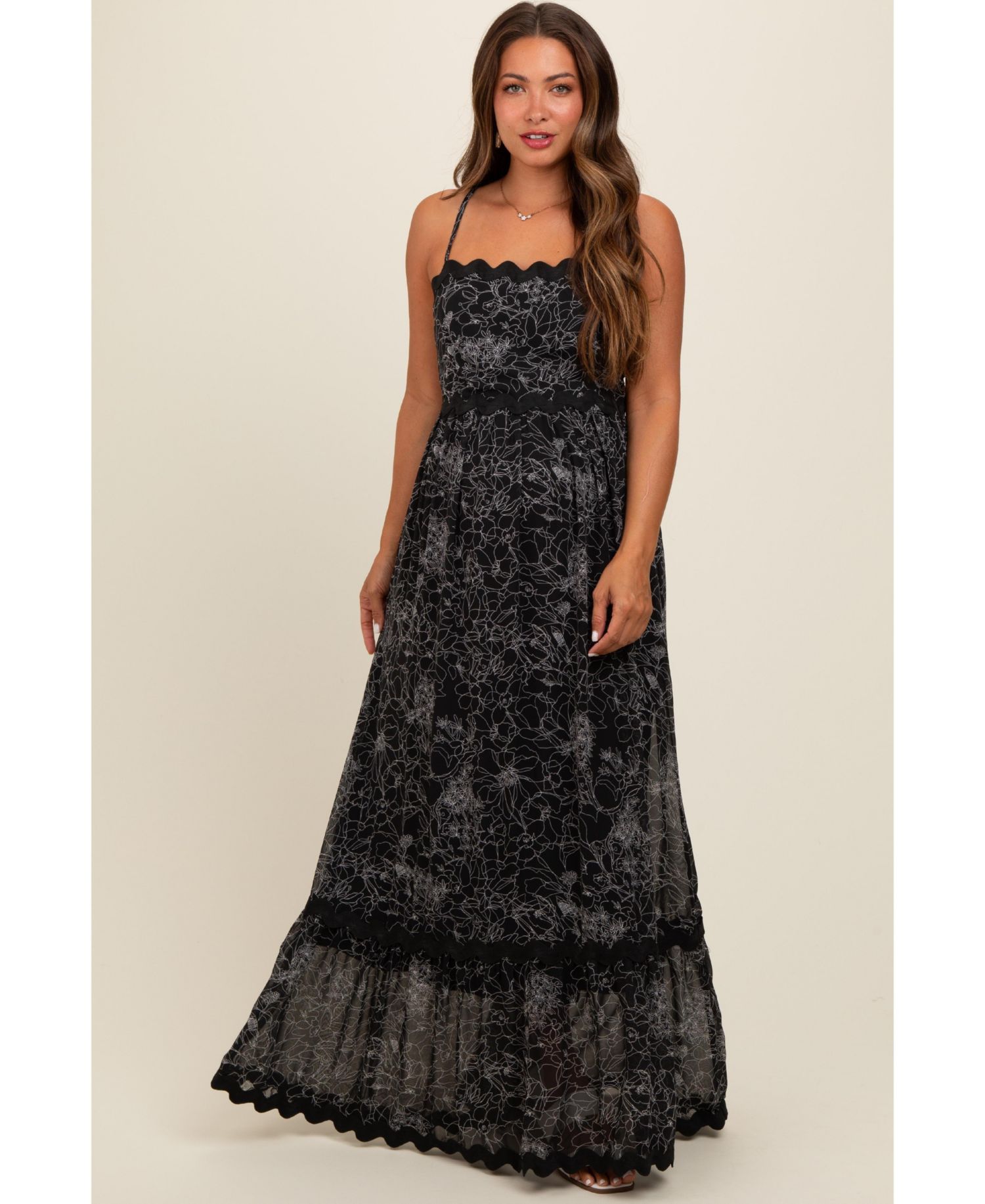 Women's Black Floral Contrast Trim Maxi Dress