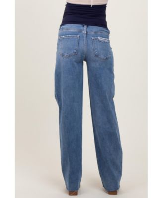 Maternity Blue Vintage Wash Raw Hem Wide Leg Jeans