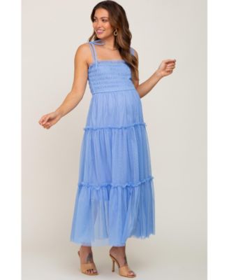 Maternity Light Blue Smocked Mesh Midi Dress