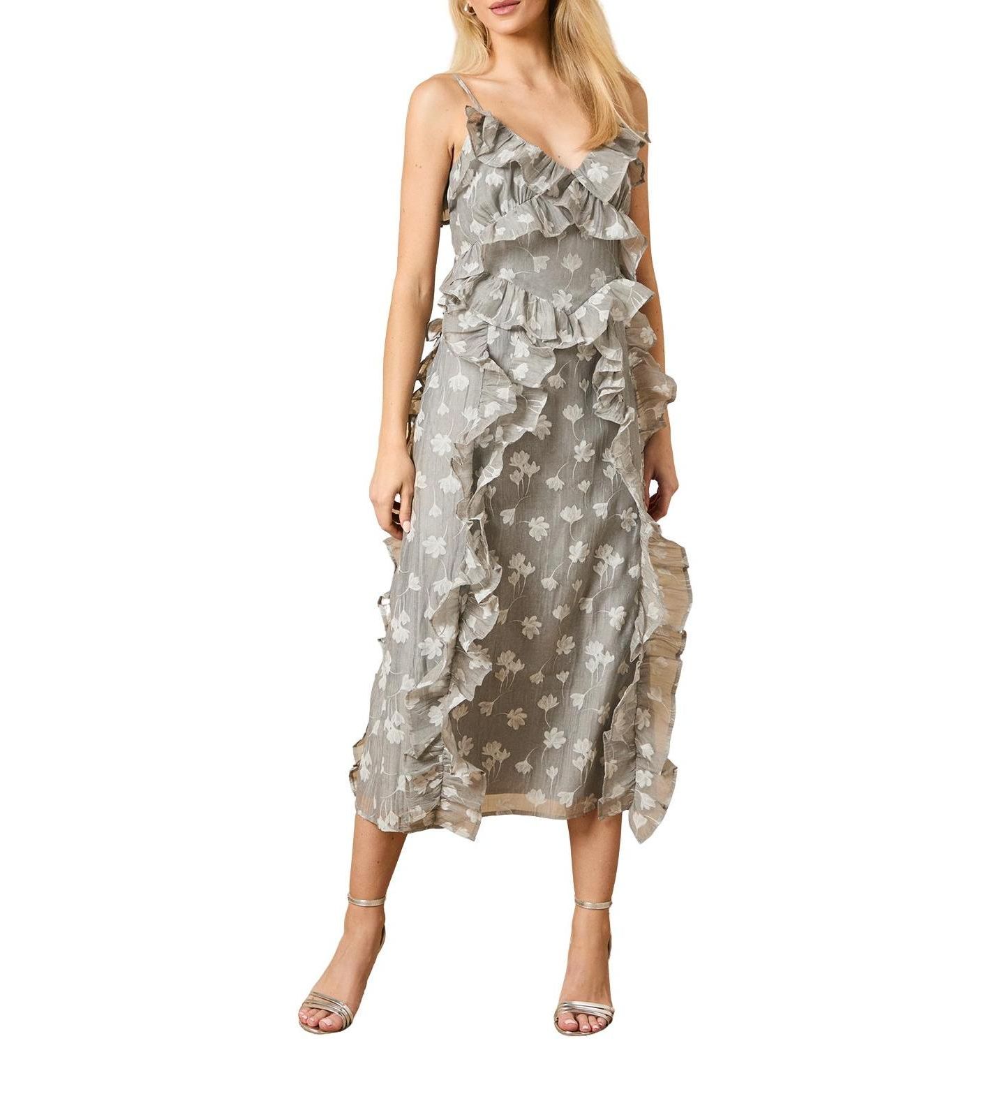 Женское платье Oasis Ruffle Front V-Neck Strappy Midi, цвет: Серый — фото 4