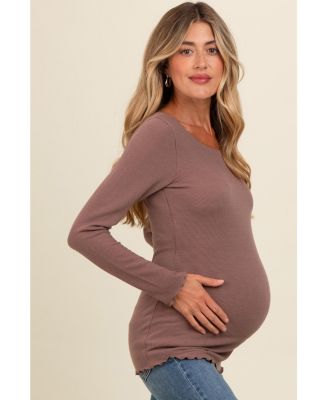Burgundy Ribbed Knit Long Sleeve Lettuce Hem Maternity Top