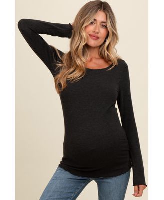 Burgundy Ribbed Knit Long Sleeve Lettuce Hem Maternity Top