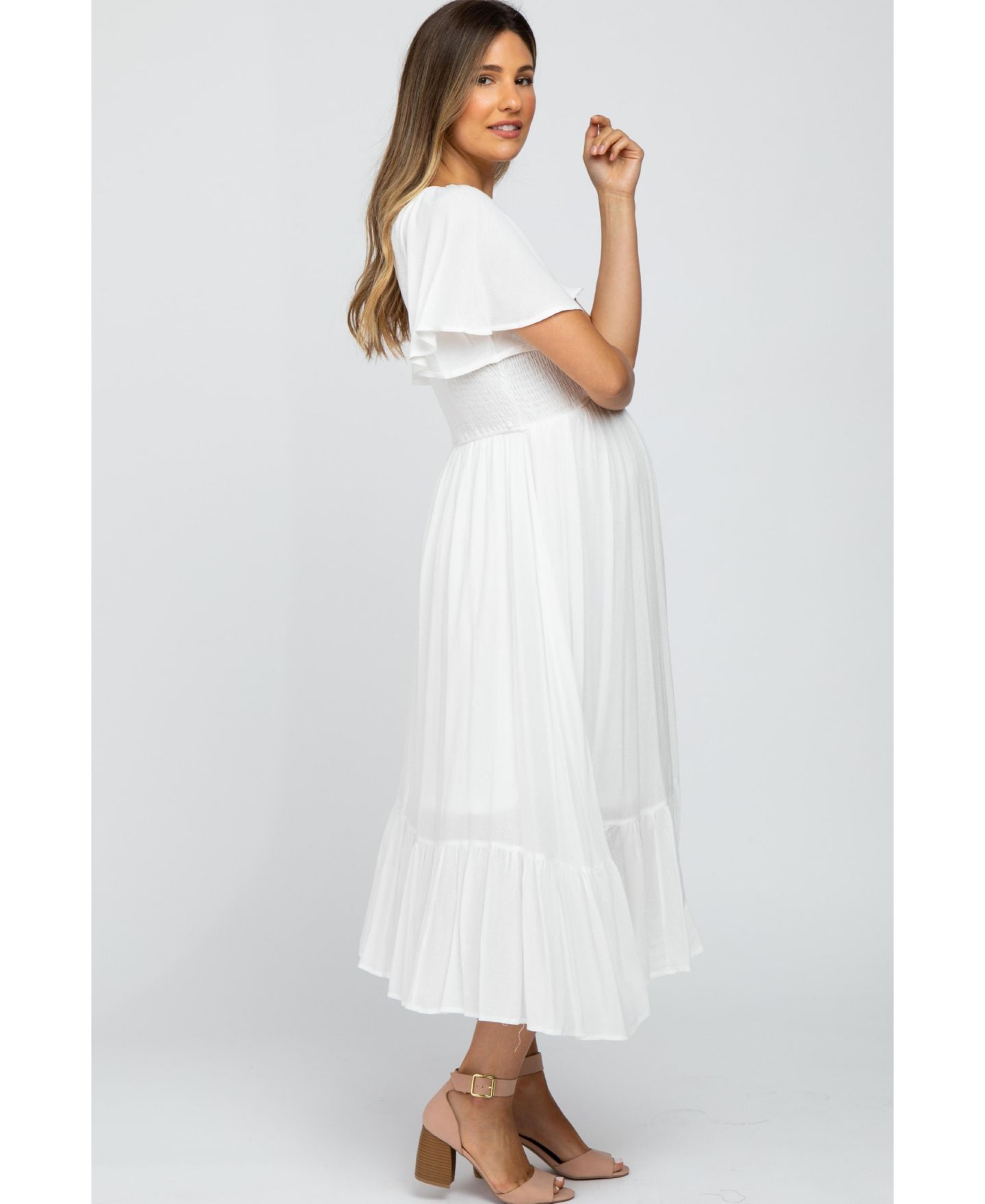 Женское платье Pinkblush Mauve Smocked V-Neck Midi, цвет: Слоновая кость — фото 4