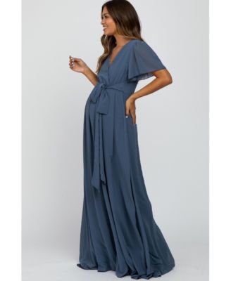 Maternity Blue Chiffon Short Sleeve Maxi Dress