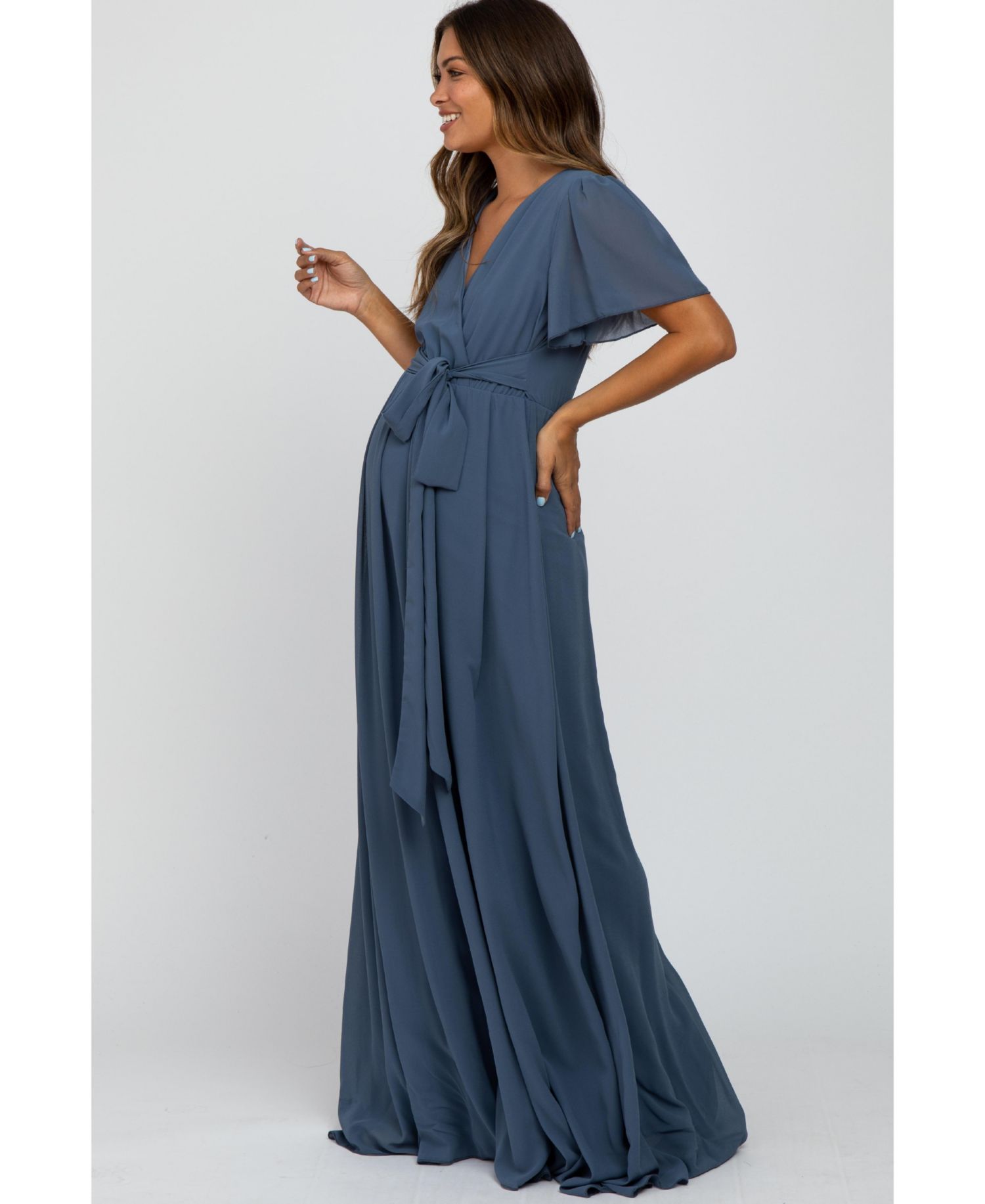 Women's Blue Chiffon Short Sleeve Maxi Dress