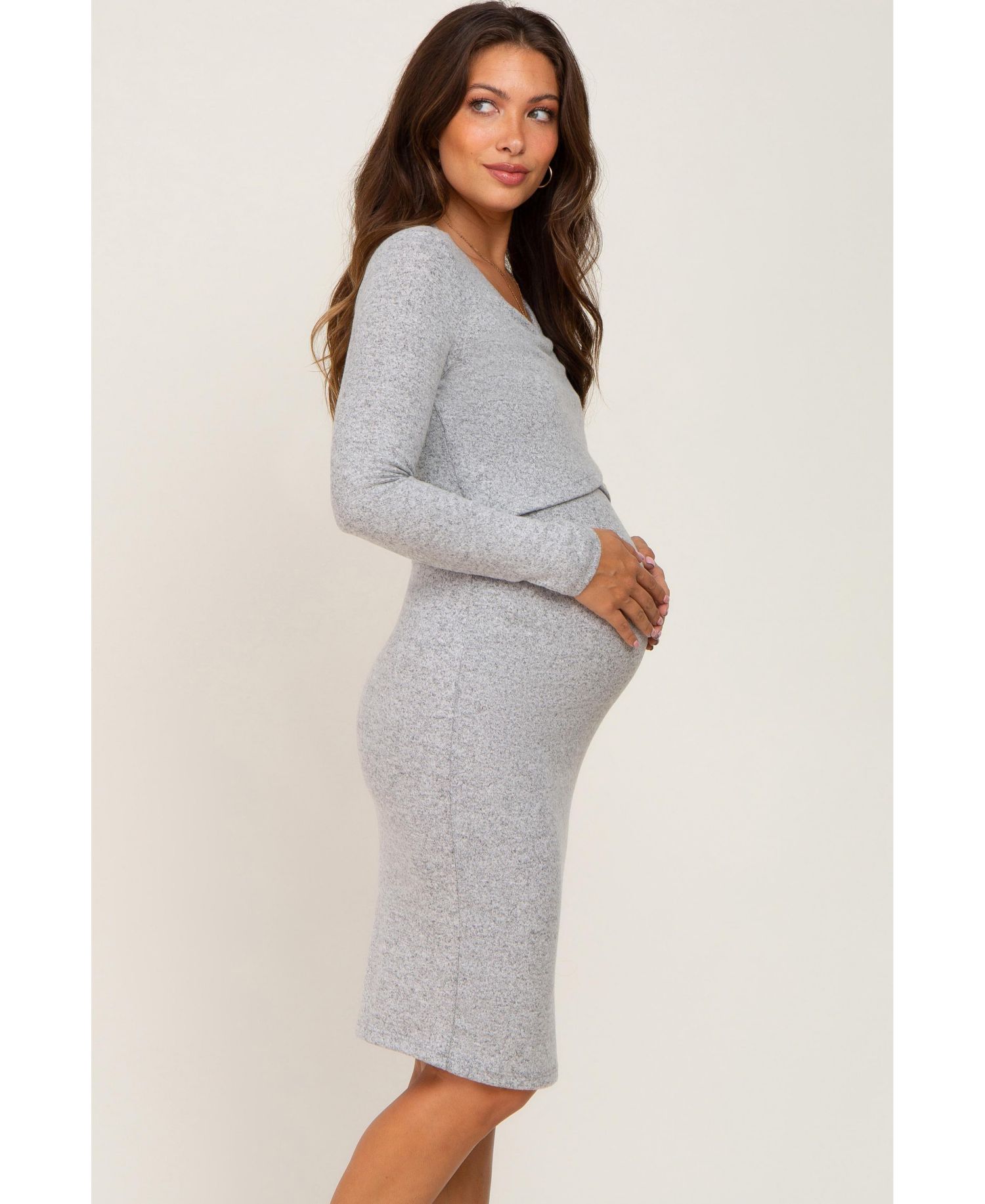 Women's Heather Grey Brushed Knit Long Sleeve Wrap Nursing Dress