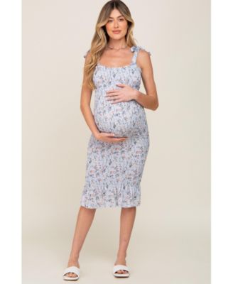 Light Blue Floral Smocked Fitted Maternity Dress
