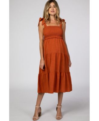 Maternity Rust Bow Strap Tiered Midi Dress
