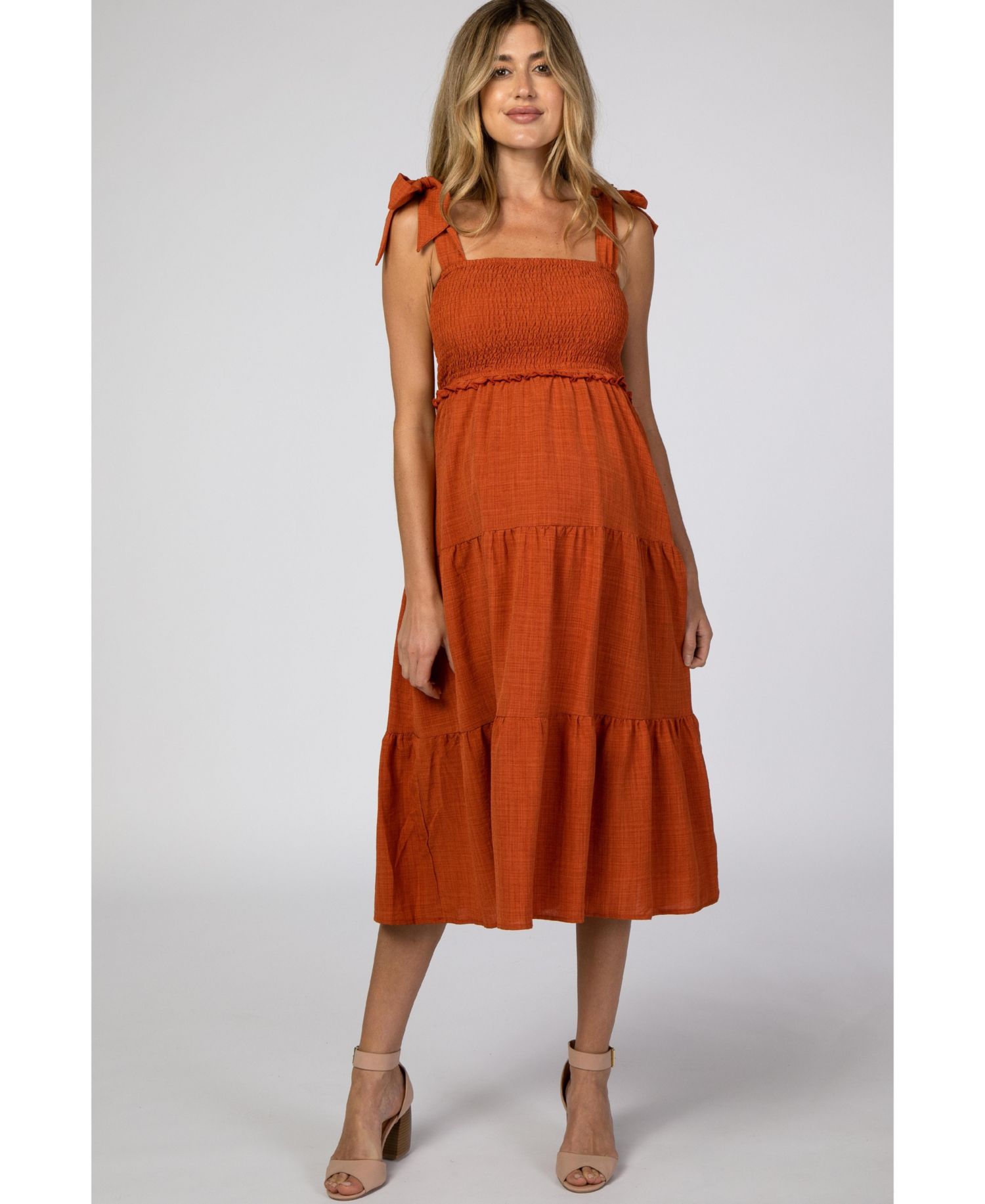 Women's Rust Bow Strap Tiered Midi Dress