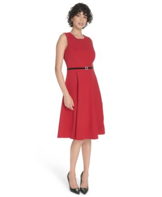 Women's Belted Fit and Flare Midi Dress