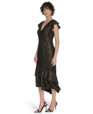 Women's V-Neck Tiered Hem Foil Midi Dress