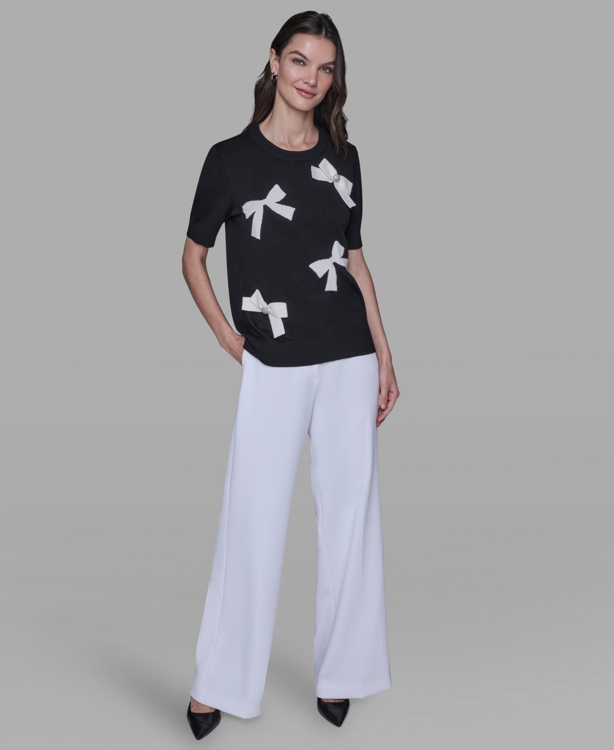 Karl Lagerfeld Women's Short Sleeve Bow Applique Detail Sweater In Multi