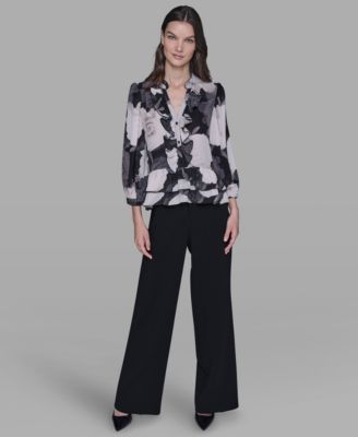 Women's V-Neck Floral Print Ruffle Detail Top