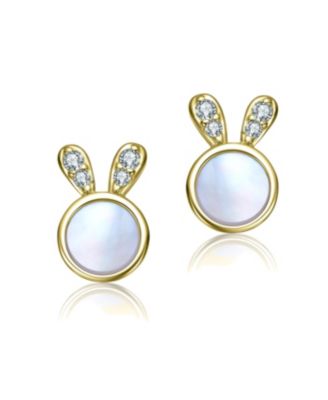 14K Gold Plated with Mother Of Pearl & Clear Cubic Zirconia Bunny Design Stud Earrings