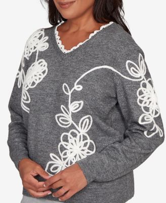 Stockbridge Ruffle V-Neck Floral Soutache Sweater