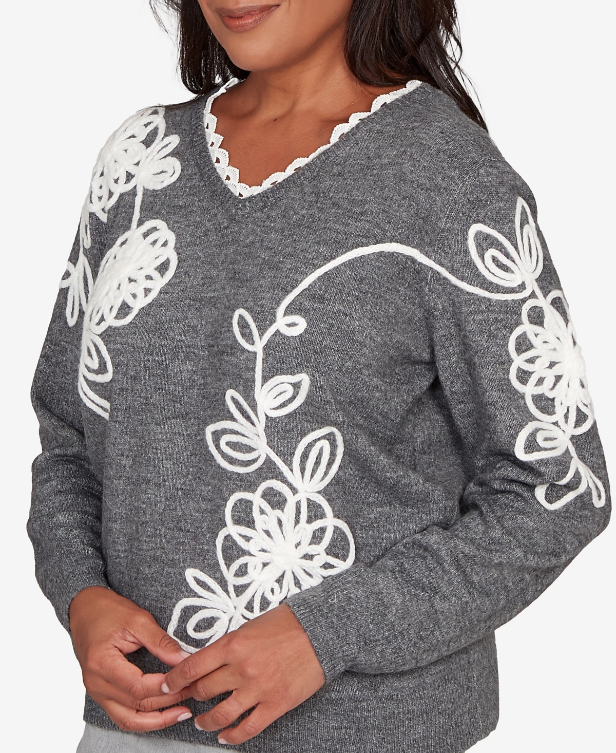 Alfred Dunner Stockbridge Ruffle V-Neck Floral Soutache Sweater