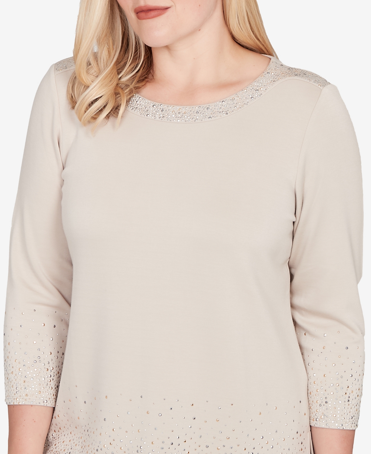 Alfred Dunner Vienna Heat Set Sparkle Ombre Border Knit Top In Neutral