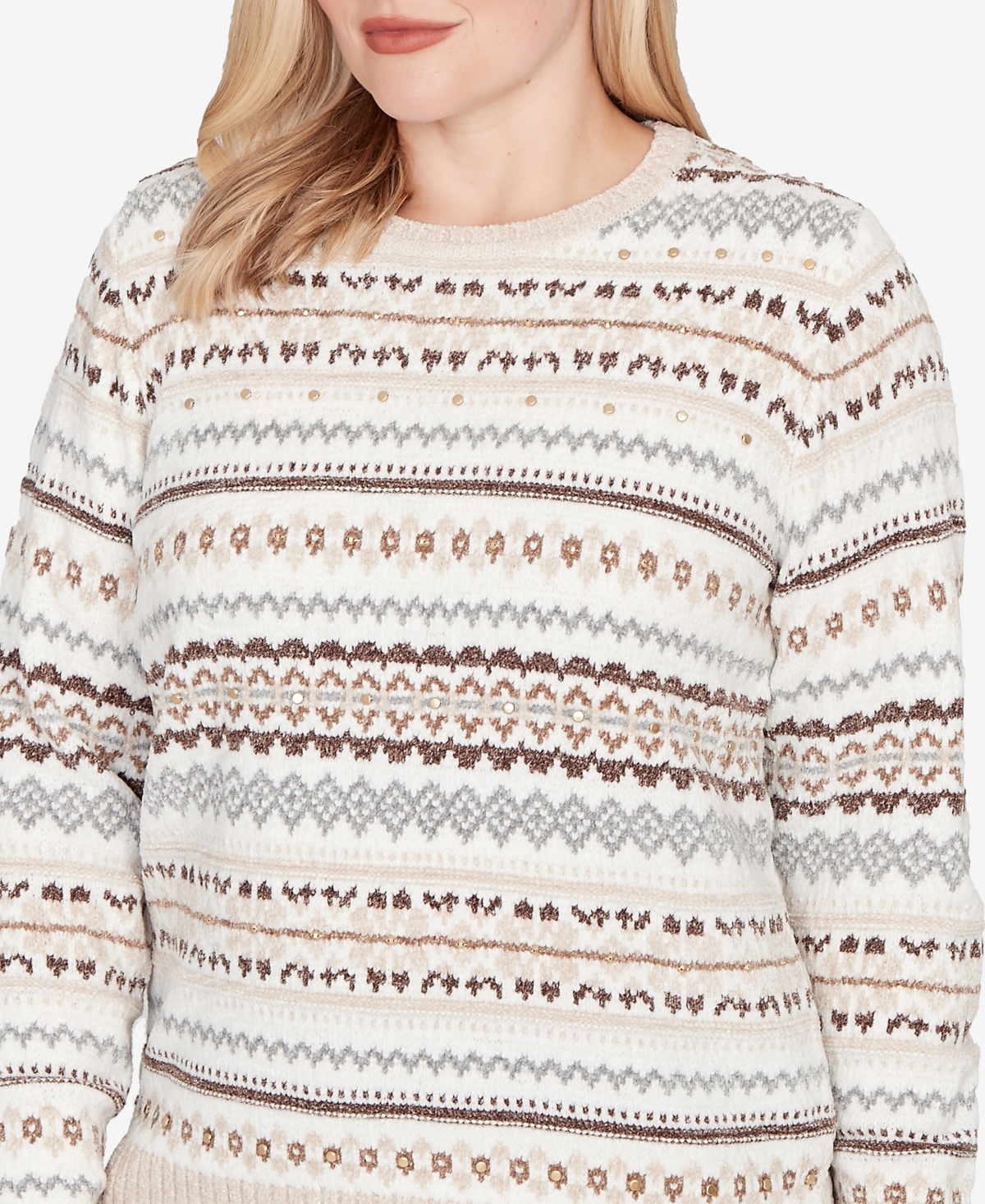 Alfred Dunner Vienna Geometric Biadere Striped Chenille Sweater