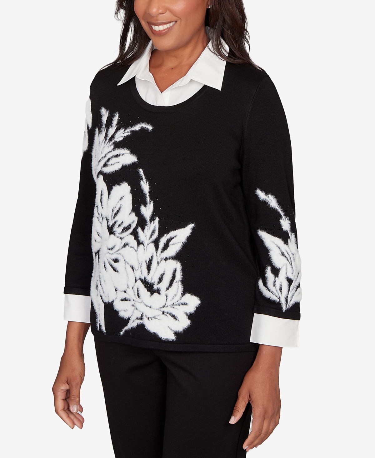 Alfred Dunner Barcelona Dramatic Floral Two In One Sweater In Black