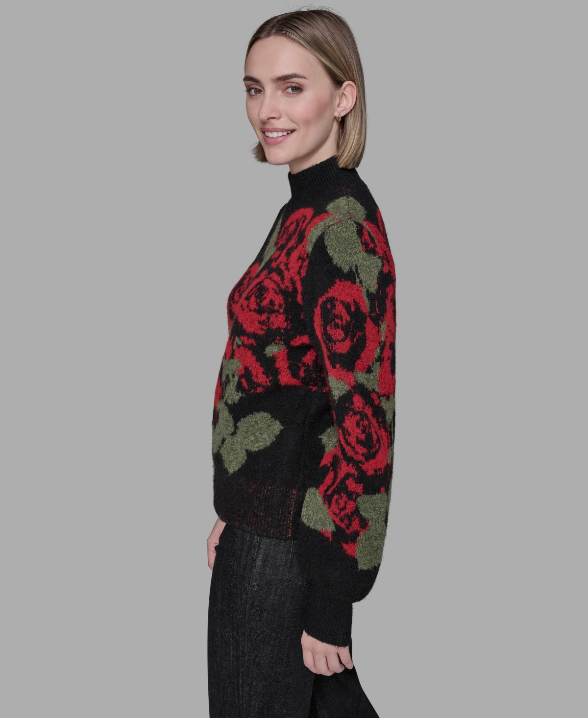 Karl Lagerfeld Paris Women's Mock Neck Rose Print Sweater