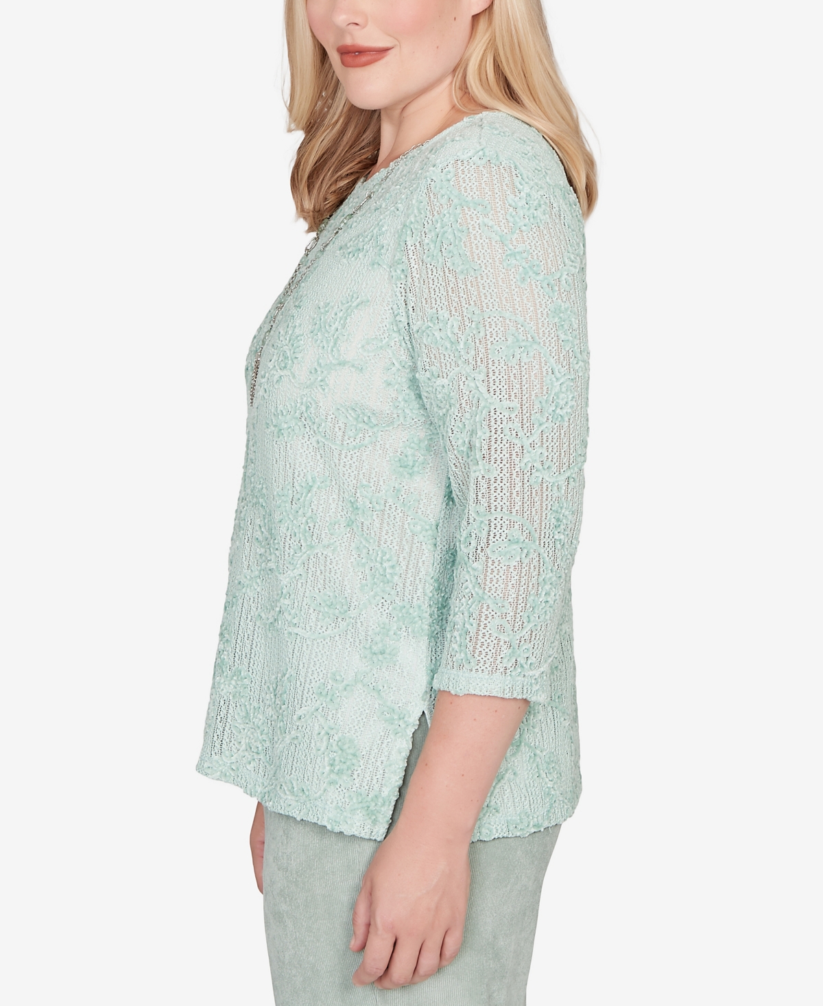 Alfred Dunner Stockbridge Floral Velvet Soutache Mesh Top with Necklace