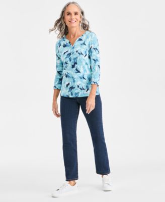 Women's Printed 3/4-Sleeve Henley Top, Macy's Exclusive