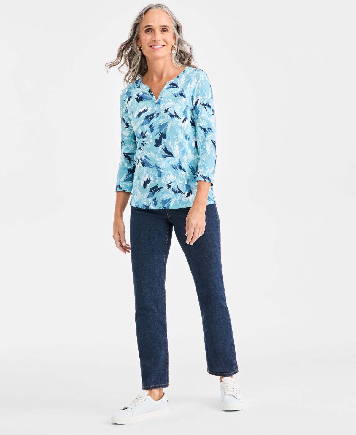 Style & Co Petite Polka-dot Henley 3/4-sleeve T-shirt, Macy's Exclusive In Blue