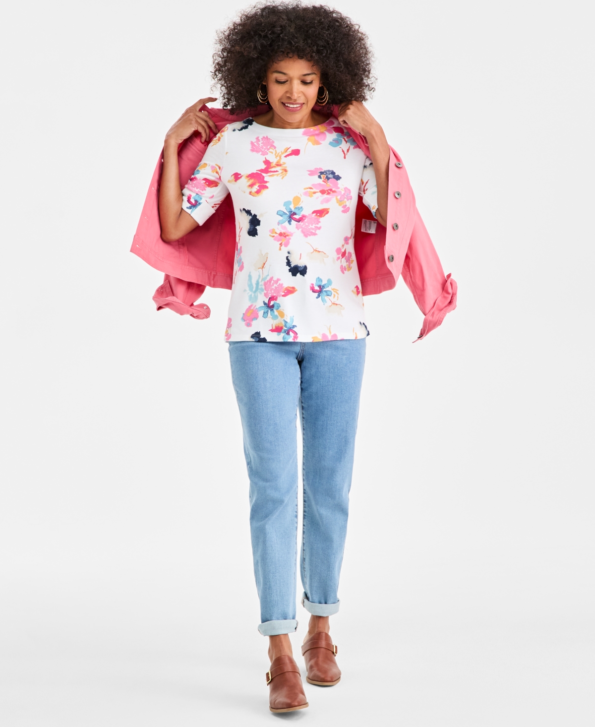 Style & Co Women's Boat-Neck Elbow Sleeve Cotton Top, Exclusively at Macy's