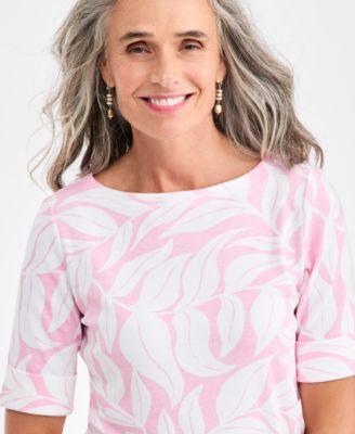 Women's Printed Boat-Neck Elbow Sleeve Top