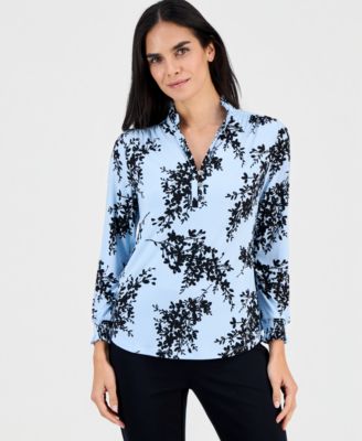 AK Anne Klein - Petite Ruffled-Neck Smocked-Cuff Top