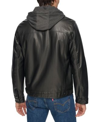 Men's Fleece Hood Faux Leather Jacket