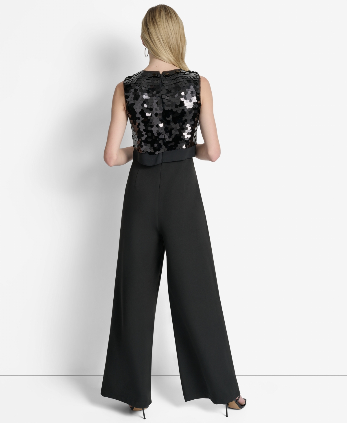 Dkny Women's Sleeveless Sequin Overlay Wide Leg Ankle Jumpsuit In Black