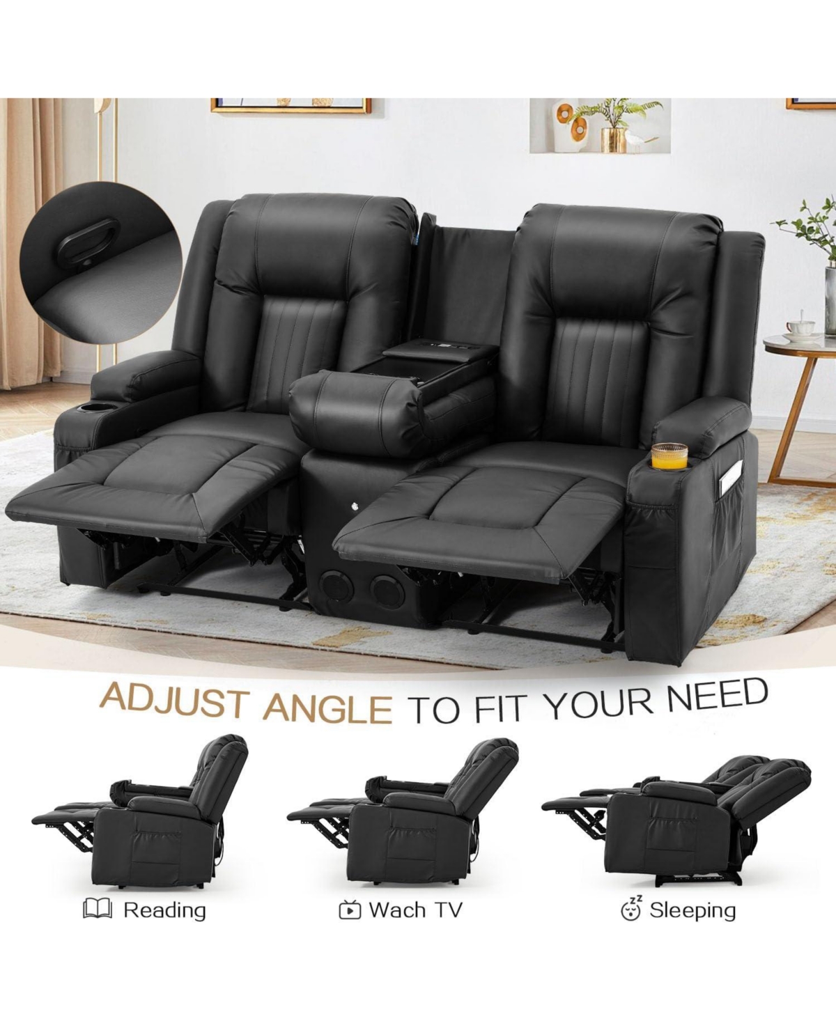 Aecojoy Recliner Loveseat with Console&Bluetooth Speakers, Manual Rv Reclining Sofa