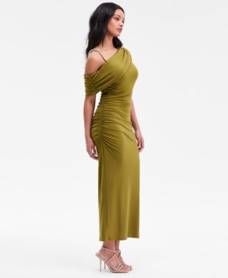 Women's Asymmetrical Drape Beaded Strap Midi Dress