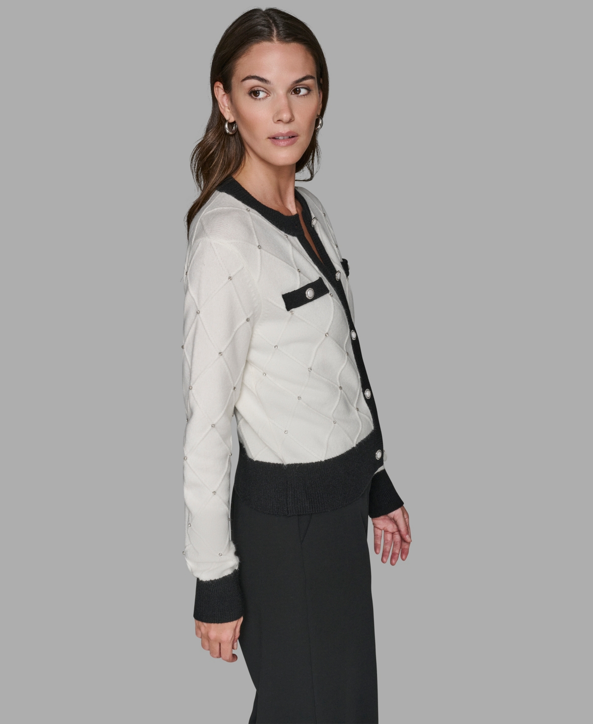 Karl Lagerfeld Women's Crew Neck Front-button Cardigan Sweater In Multi