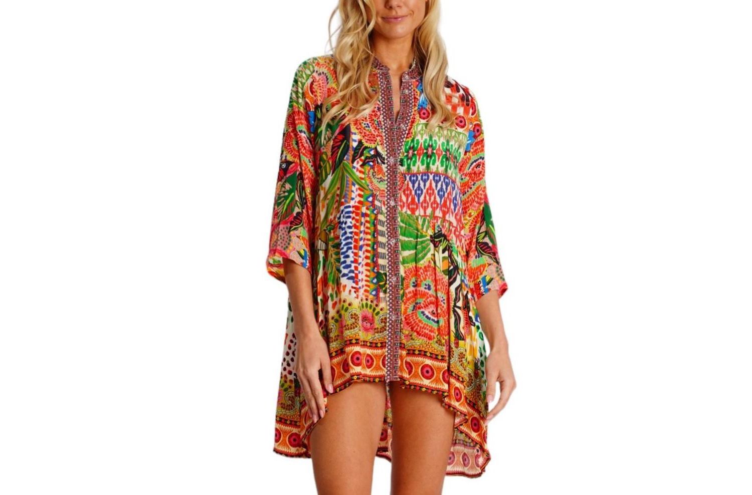 Women's Short Asymmetrical Dress with V-Neck and Mid-Length Sleeves