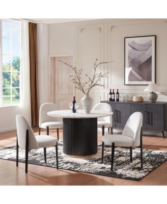 Luxury 5-Piece Faux Marble Round Dining Table with White Boucle Chairs Metal Legs Dining Room Set for Kitchen